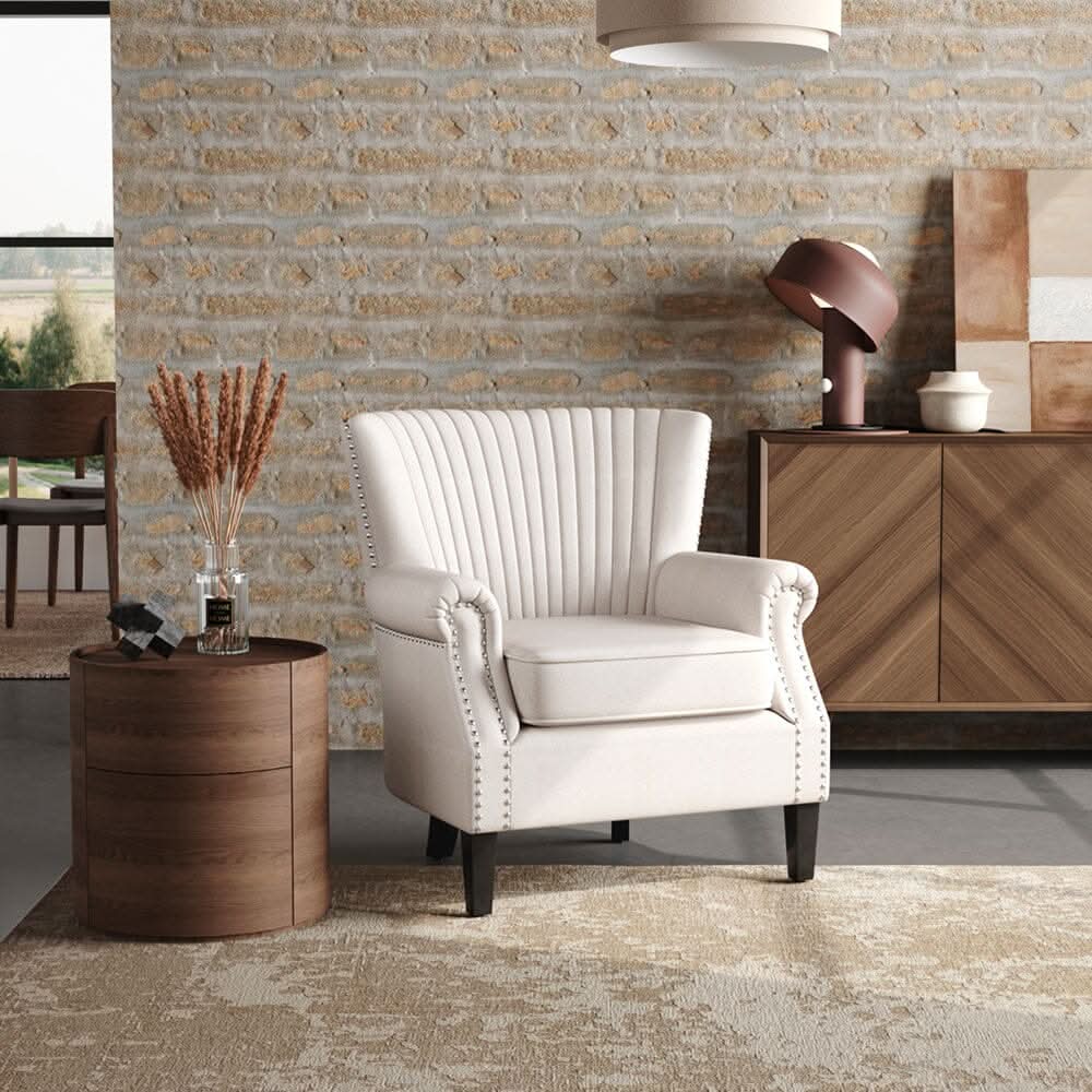 Accent Chair Beige Linen Black Rubber Wood Legs Spring Cushion