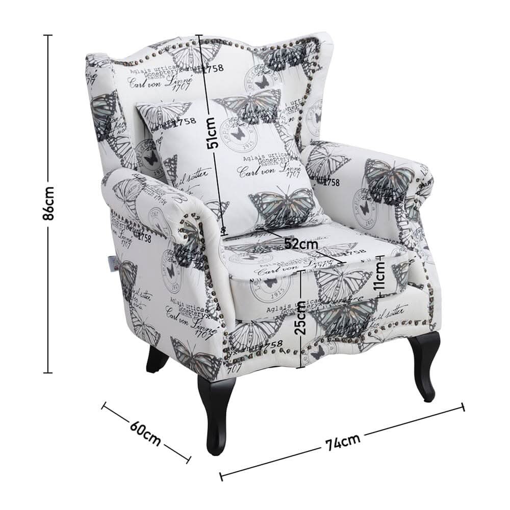 Accent Chair White Floral Linen Black Rubber Wood Tiger Legs