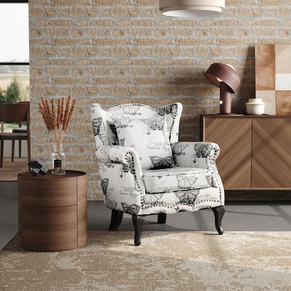 Accent Chair White Floral Linen Black Rubber Wood Tiger Legs