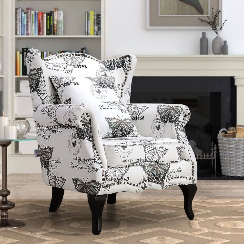 Accent Chair White Floral Linen Black Rubber Wood Tiger Legs