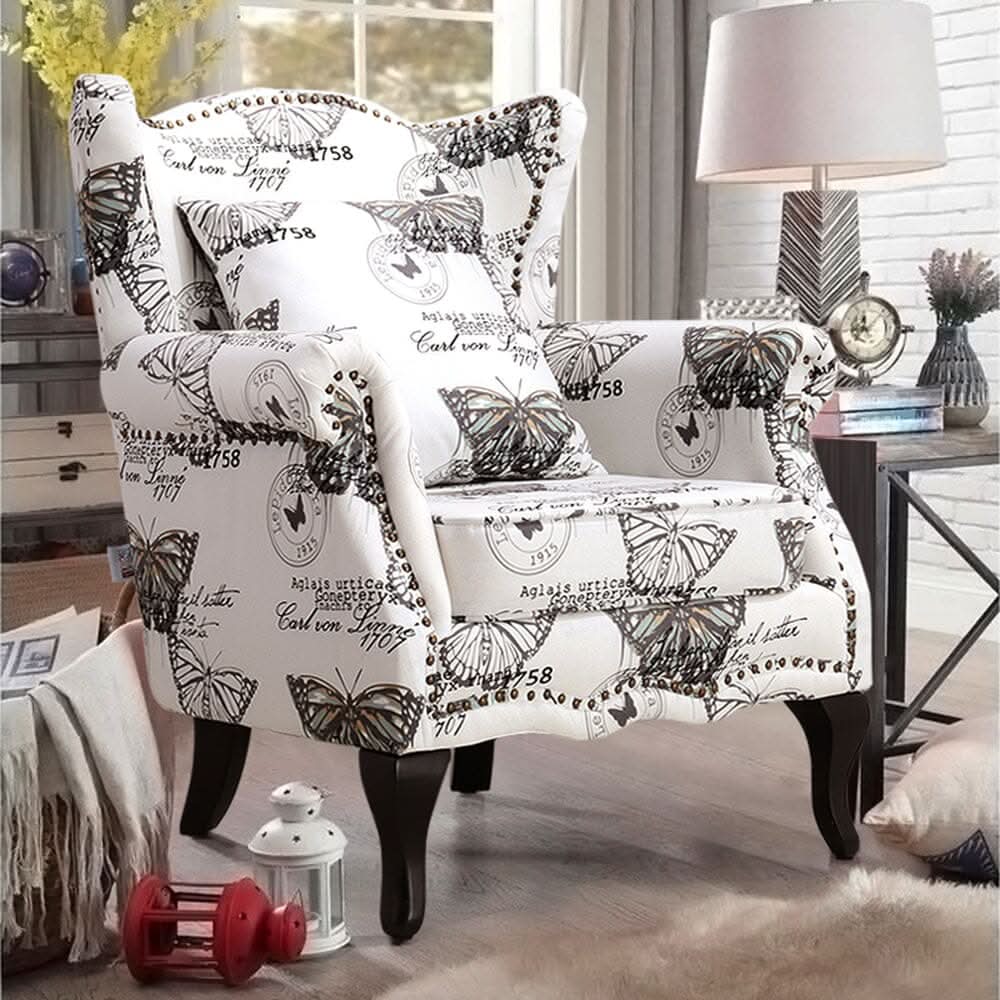 Accent Chair White Floral Linen Black Rubber Wood Tiger Legs