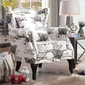 Accent Chair White Floral Linen Black Rubber Wood Tiger Legs