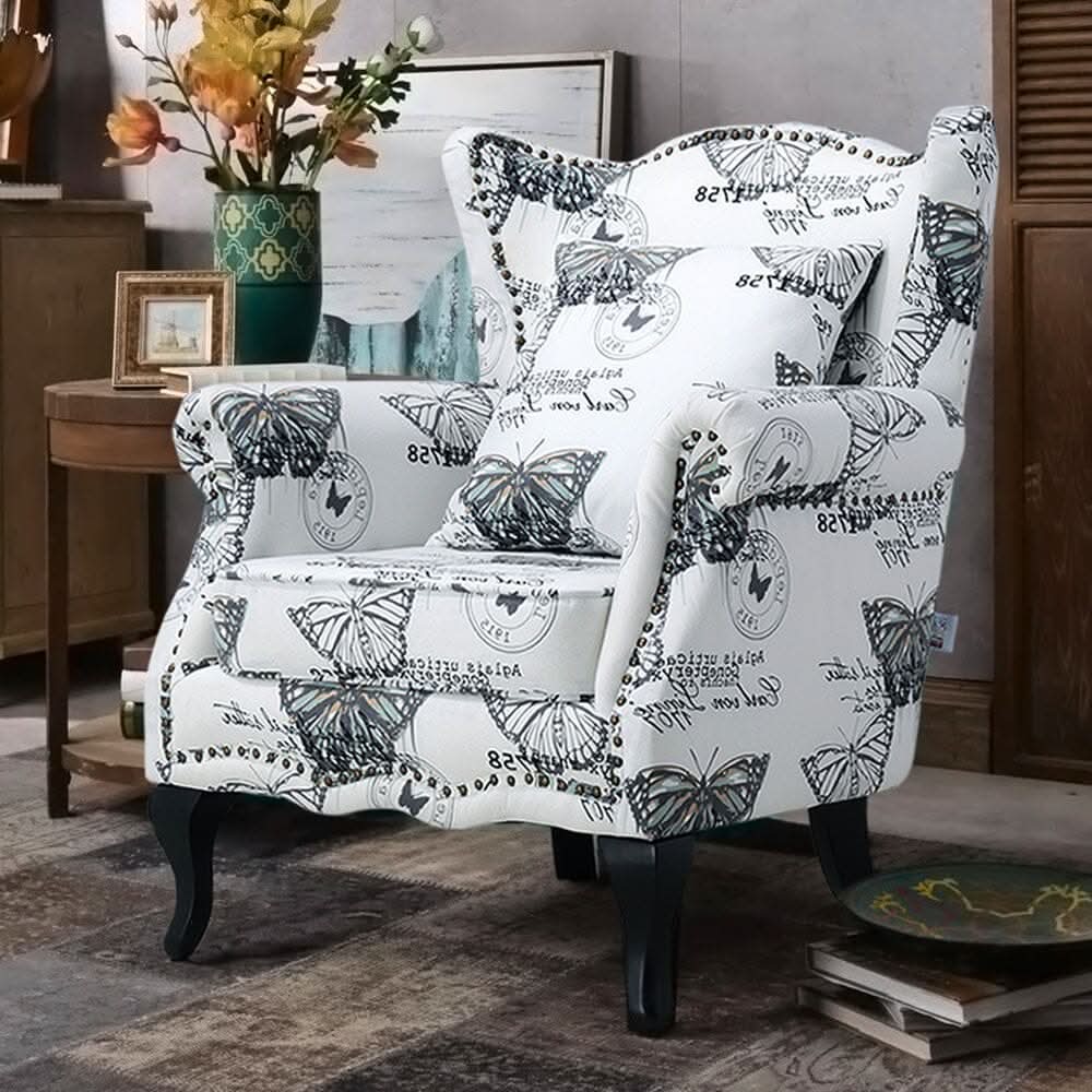 Accent Chair White Floral Linen Black Rubber Wood Tiger Legs