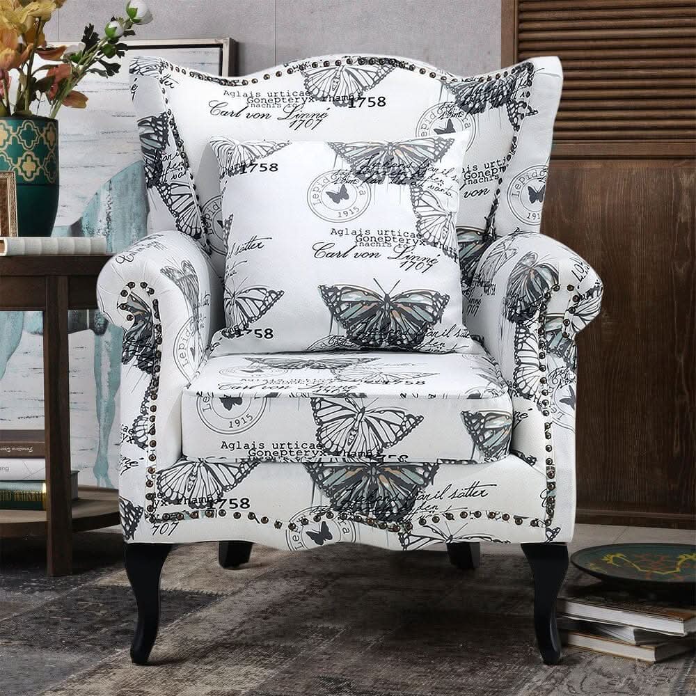 Accent Chair White Floral Linen Black Rubber Wood Tiger Legs