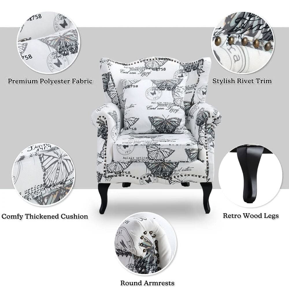 Accent Chair White Floral Linen Black Rubber Wood Tiger Legs