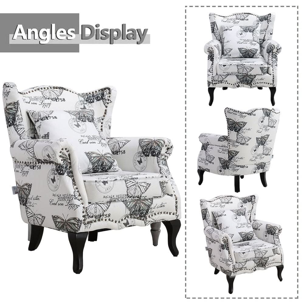 Accent Chair White Floral Linen Black Rubber Wood Tiger Legs
