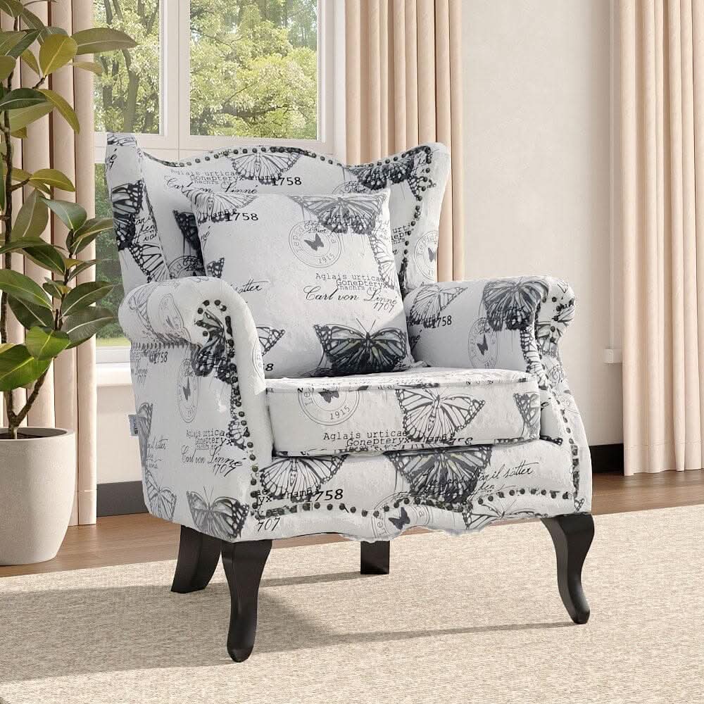 Accent Chair White Floral Linen Black Rubber Wood Tiger Legs