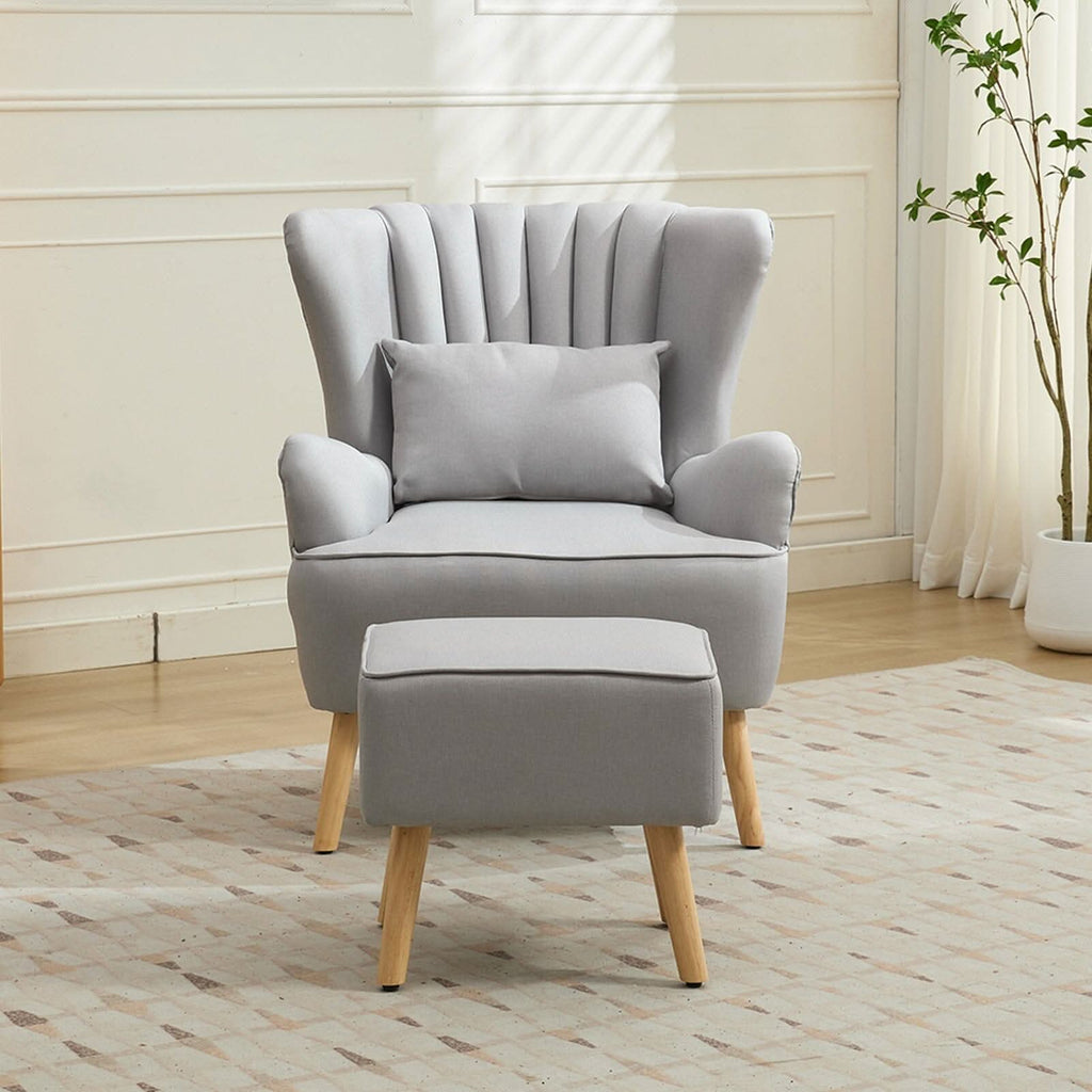 Modern Wingback Accent Chair with Ottoman and Pillow Off White