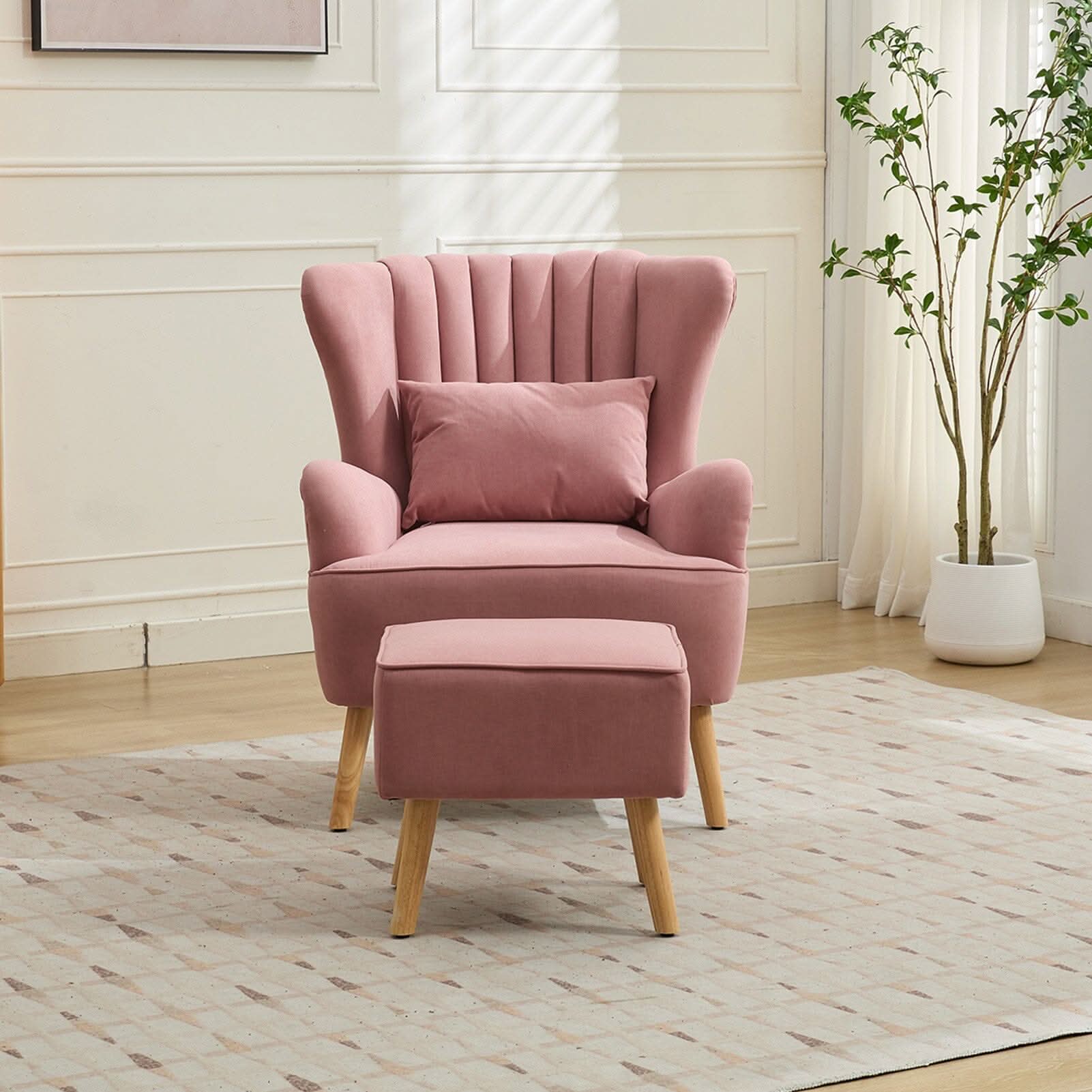 Modern Wingback Accent Chair with Ottoman and Pillow