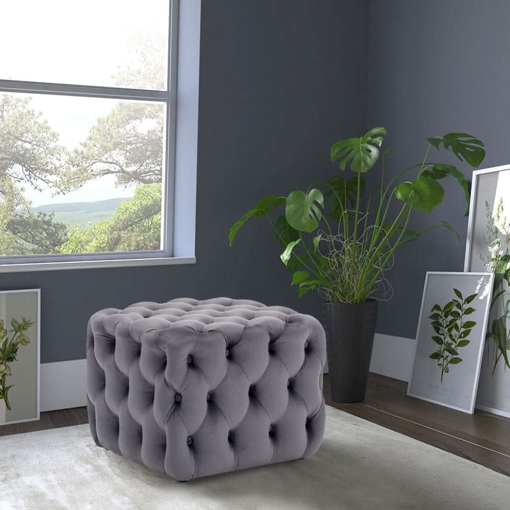 Modern Grey Velvet Cube Ottoman for Living Room & Bedroom