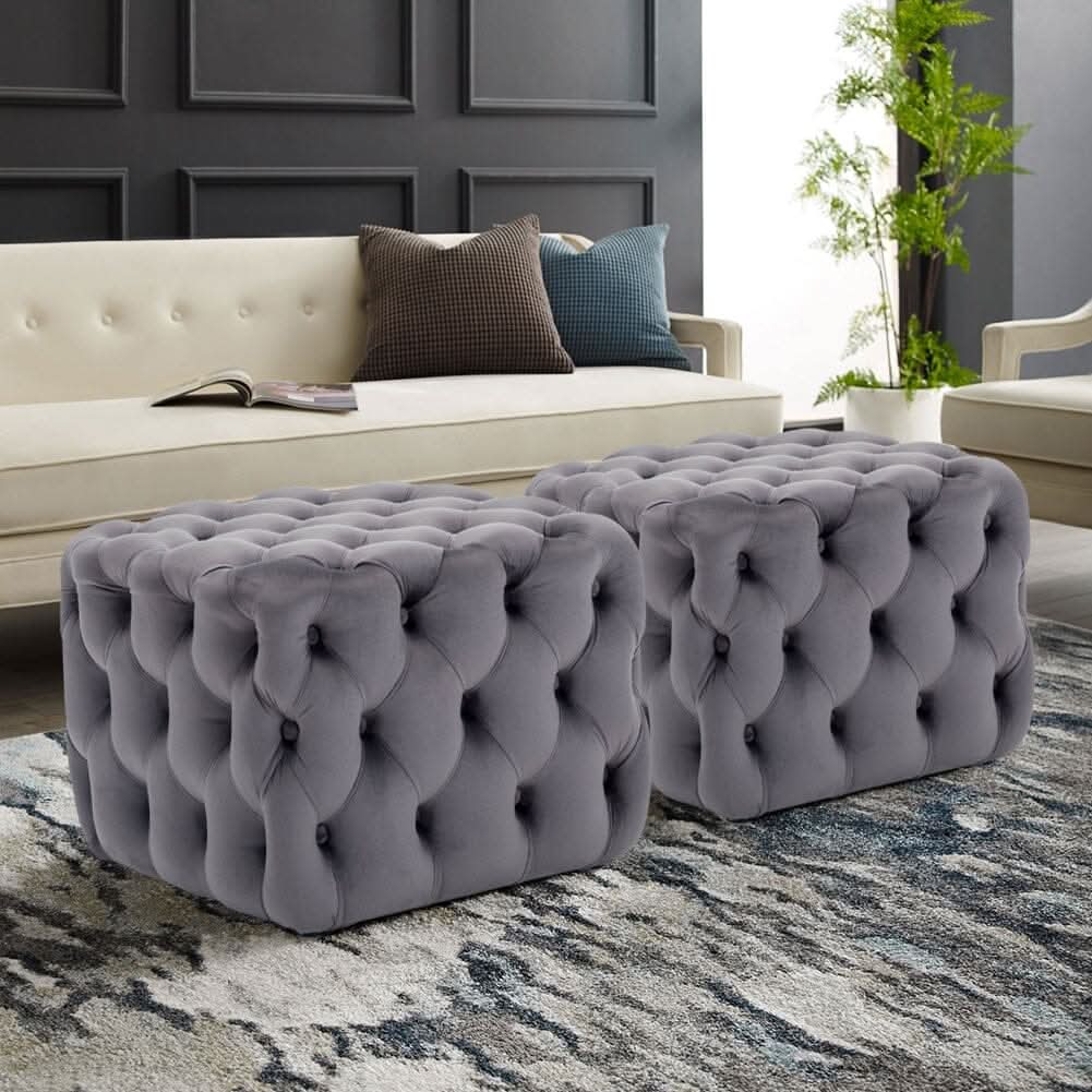 Modern Grey Velvet Cube Ottoman for Living Room & Bedroom