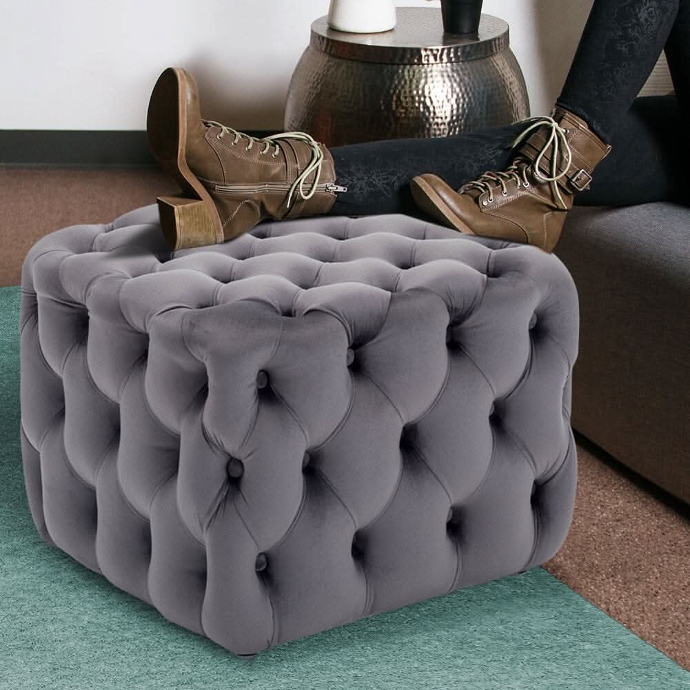 Modern Grey Velvet Cube Ottoman for Living Room & Bedroom