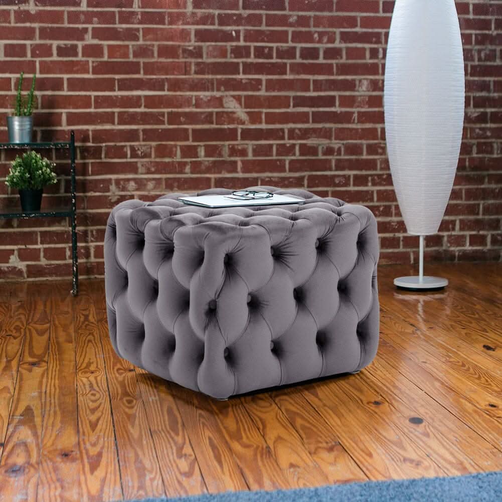 Modern Grey Velvet Cube Ottoman for Living Room & Bedroom