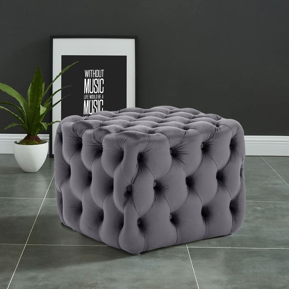 Modern Grey Velvet Cube Ottoman for Living Room & Bedroom