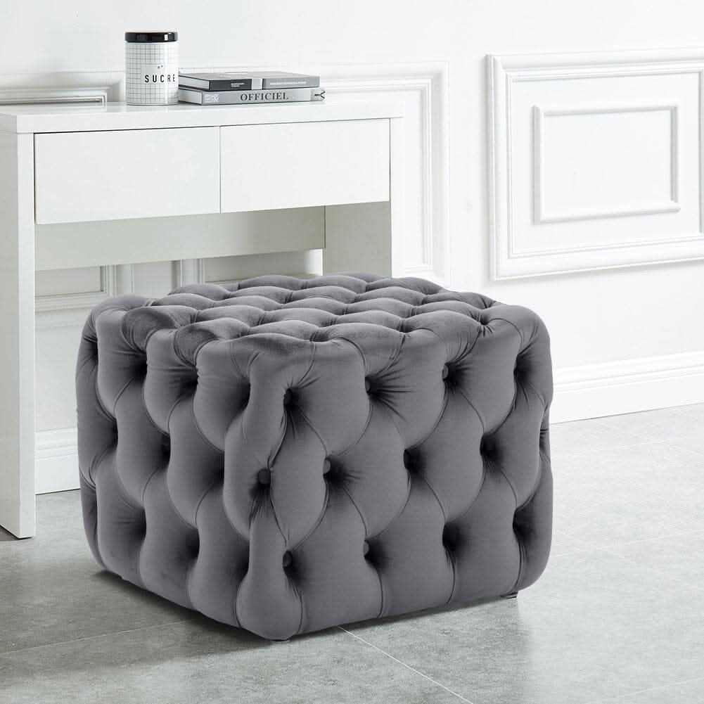 Modern Grey Velvet Cube Ottoman for Living Room & Bedroom