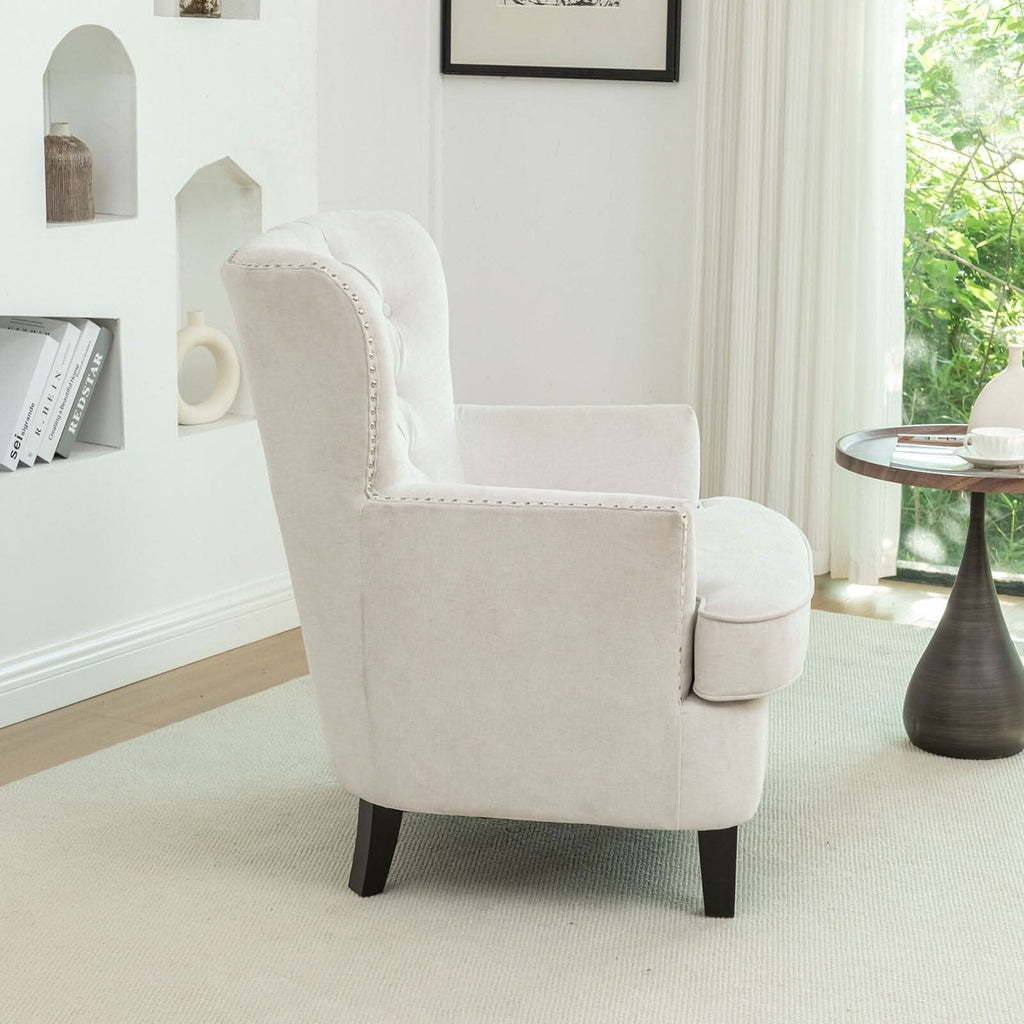Accent Chair Off-White Bread Shaped Linen Black Solid Wood Legs