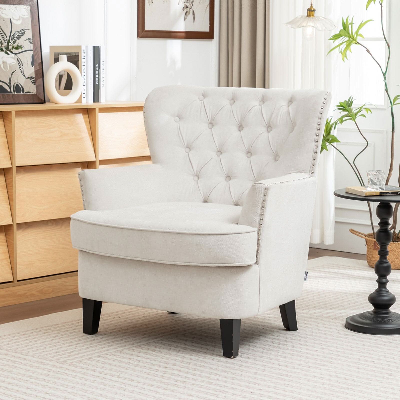 Accent Chair Off-White Bread Shaped Linen Black Solid Wood Legs