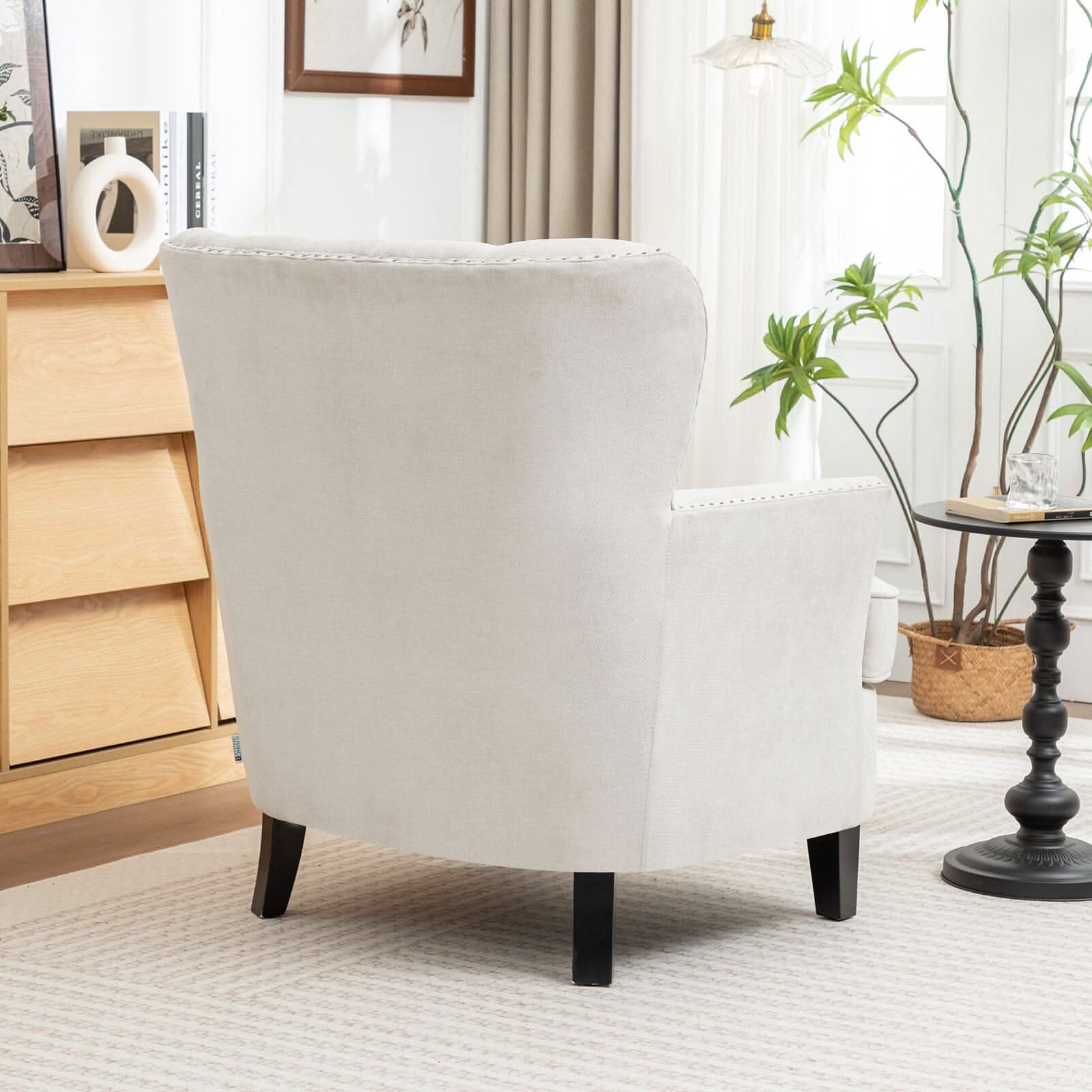 Accent Chair Off-White Bread Shaped Linen Black Solid Wood Legs