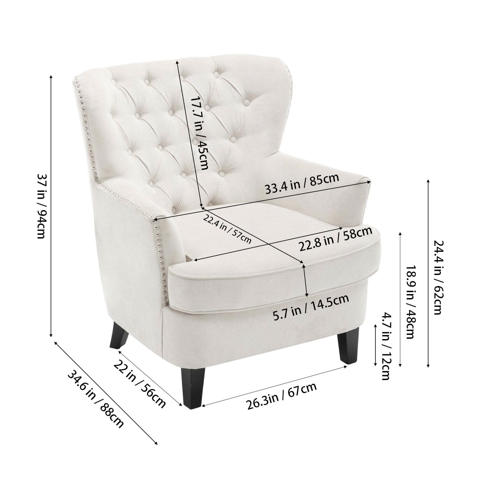 Accent Chair Off-White Bread Shaped Linen Black Solid Wood Legs