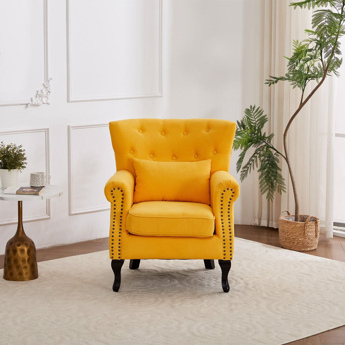 Accent Chair Yellow Velvet Linen Deep Tufted Back High Tiger Legs