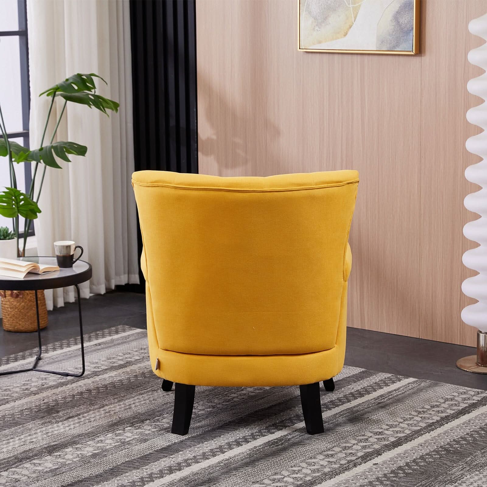 Accent Chair Yellow Velvet Linen Deep Tufted Back High Tiger Legs
