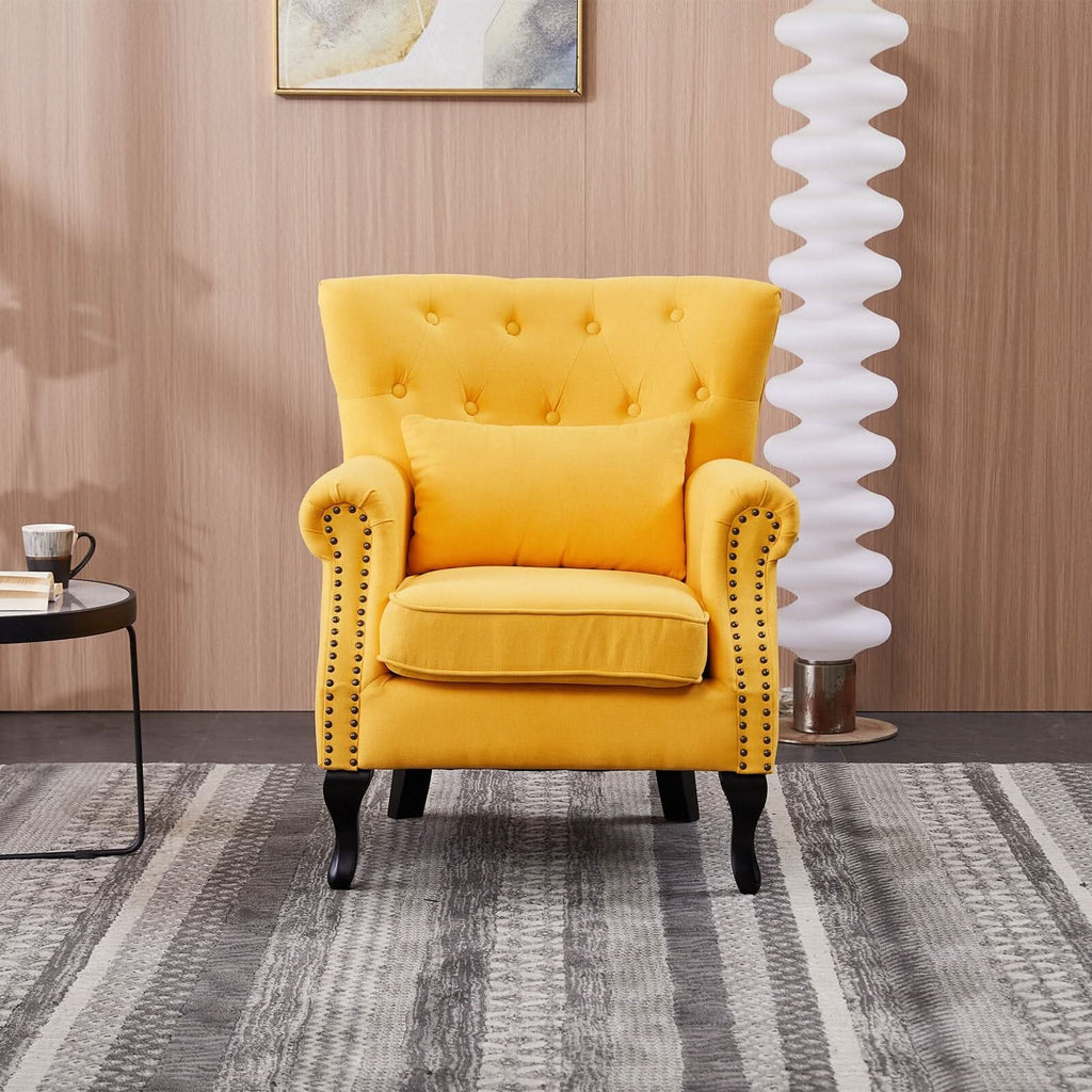 Accent Chair Yellow Velvet Linen Deep Tufted Back High Tiger Legs