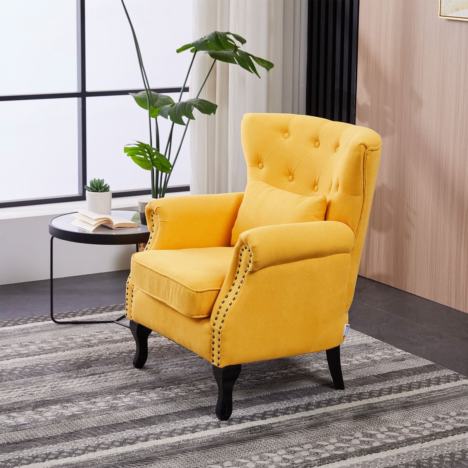 Accent Chair Yellow Velvet Linen Deep Tufted Back High Tiger Legs