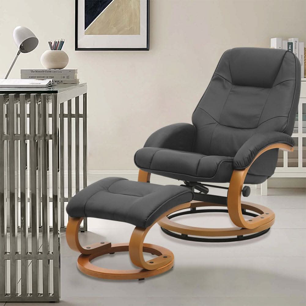 Executive Chair with Ottoman Grey PU Leather 360 Swivel Wood Base