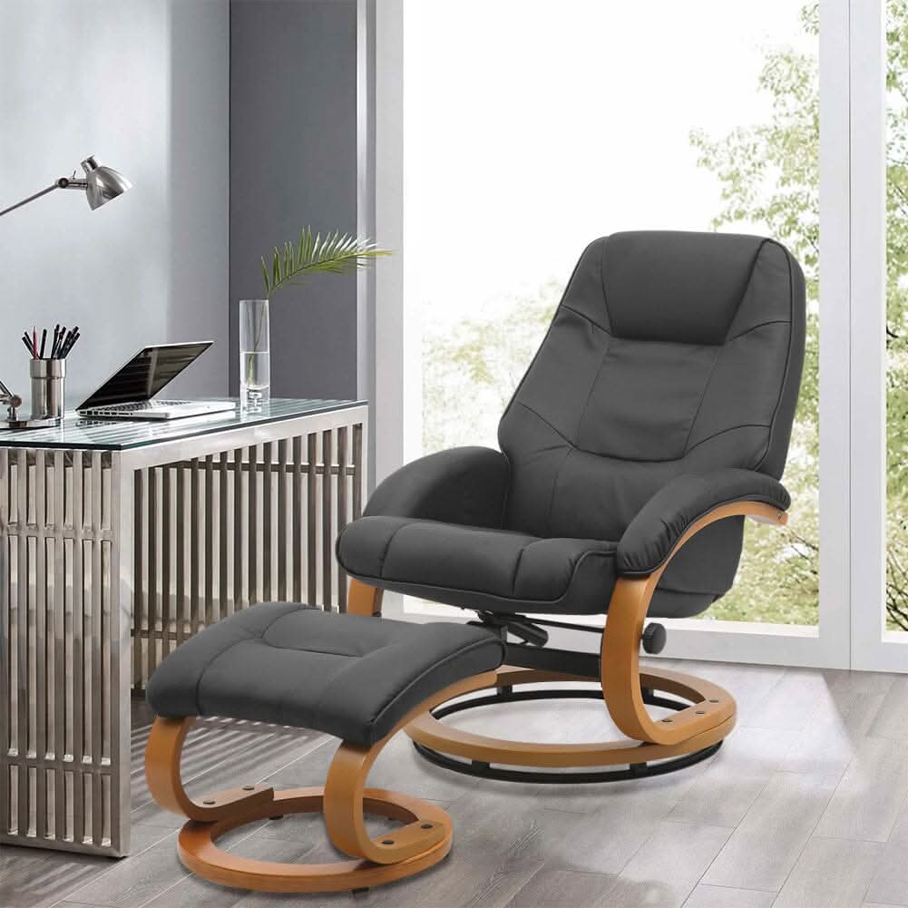 Executive Chair with Ottoman Grey PU Leather 360 Swivel Wood Base
