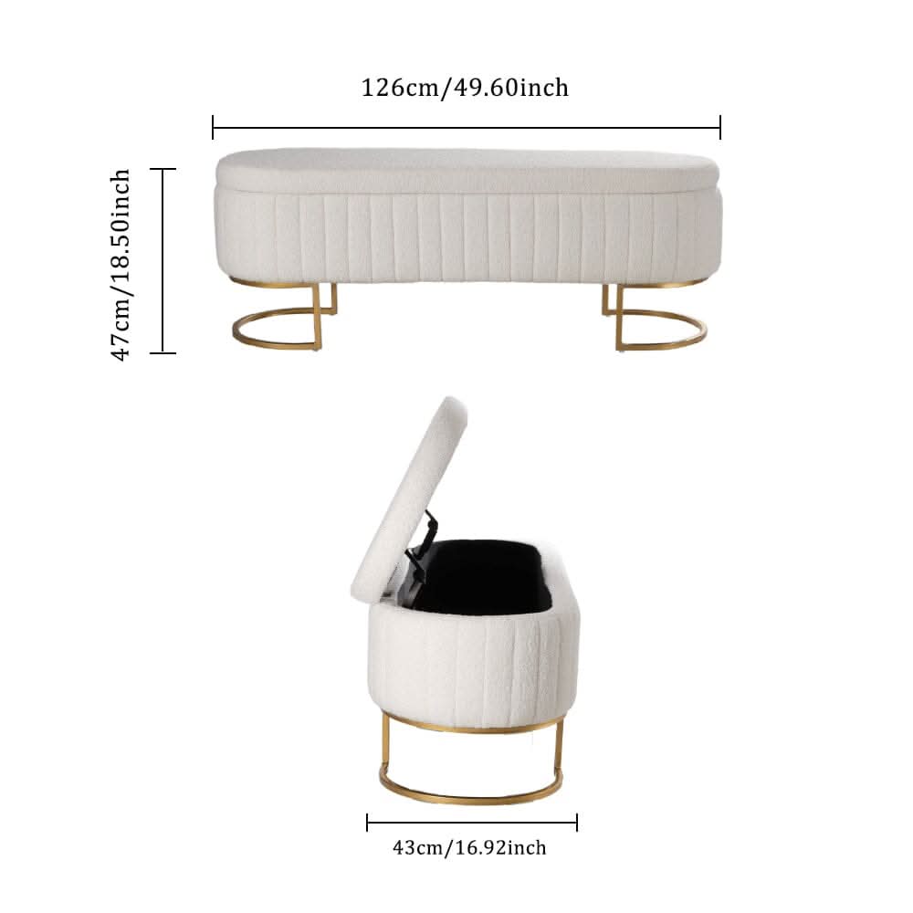 White Teddy Fleece Storage Bench with Metal Legs