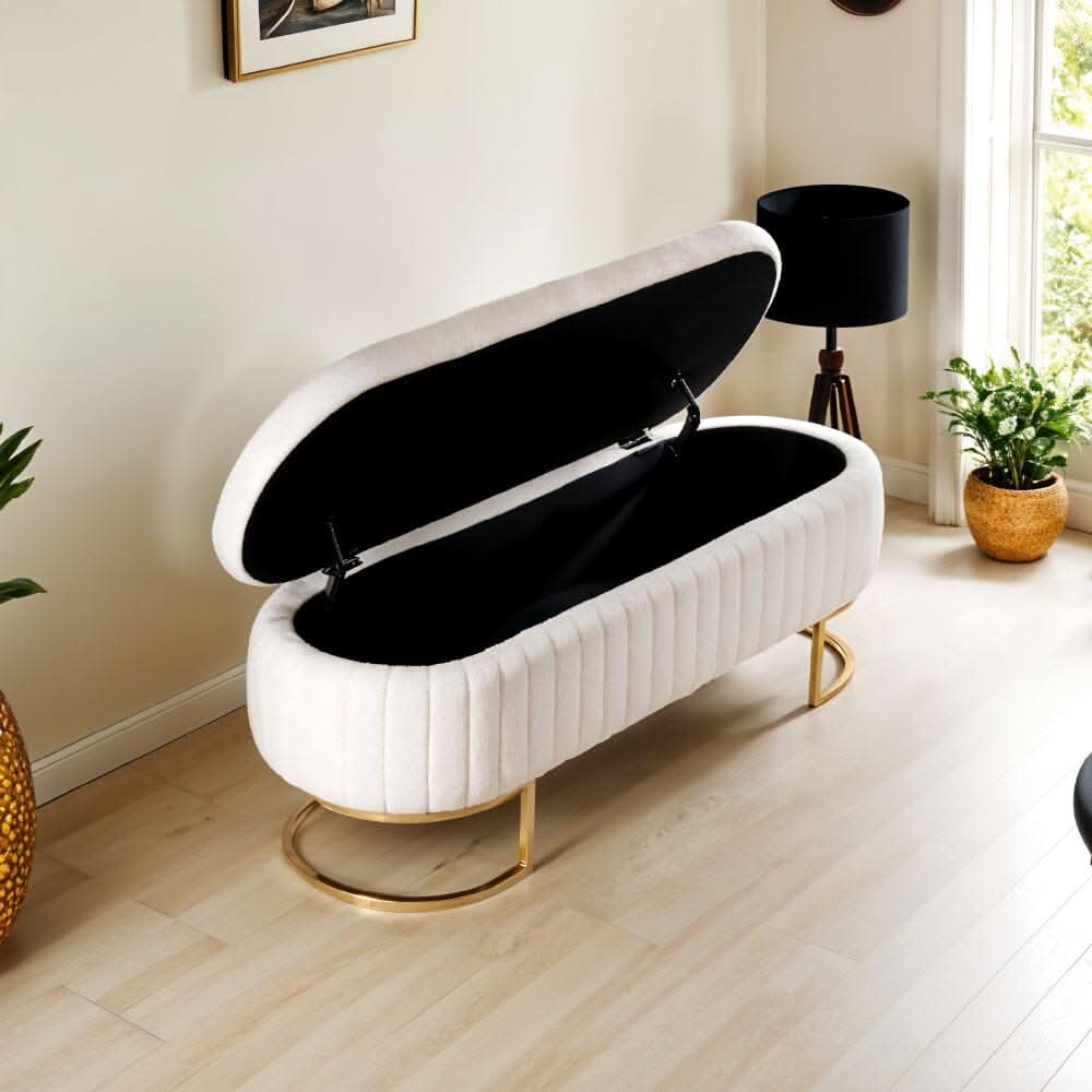 White Teddy Fleece Storage Bench with Metal Legs