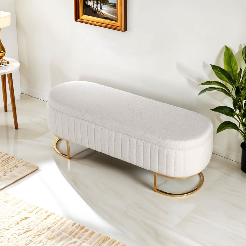 White Teddy Fleece Storage Bench with Metal Legs