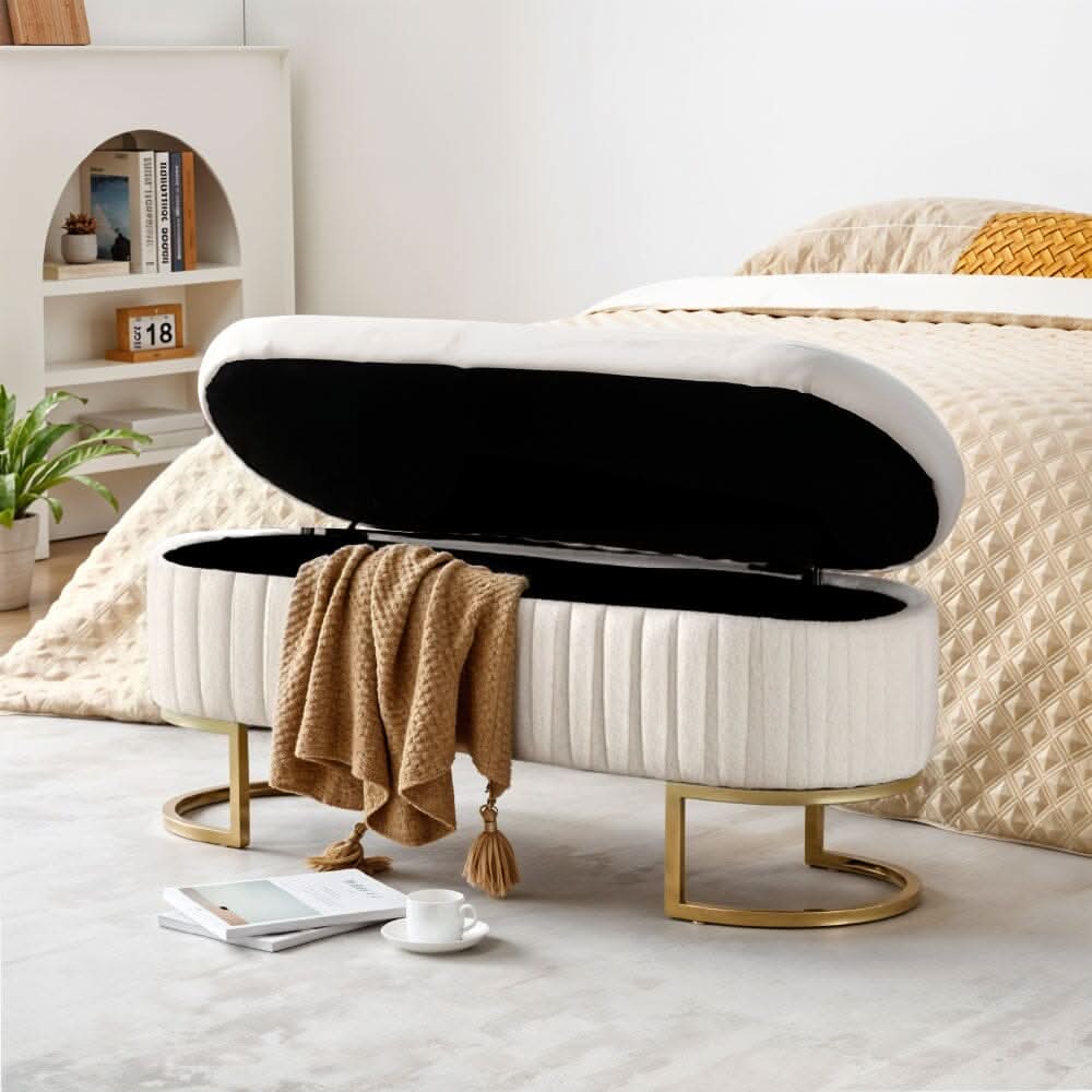 White Teddy Fleece Storage Bench with Metal Legs
