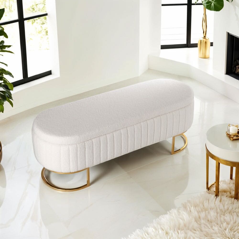 White Teddy Fleece Storage Bench with Metal Legs