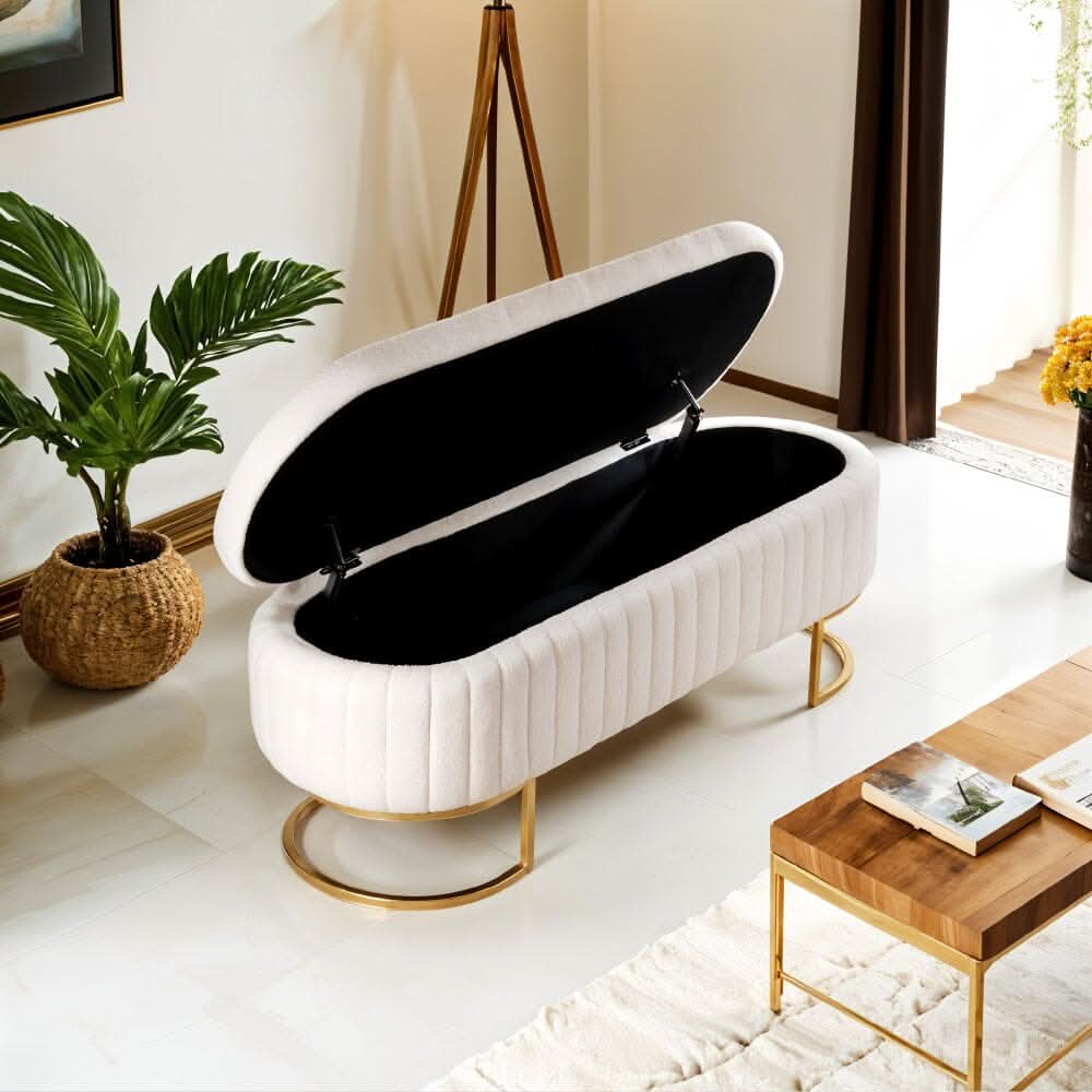 White Teddy Fleece Storage Bench with Metal Legs