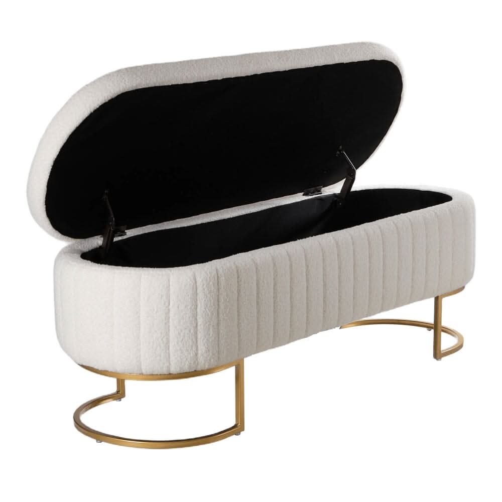 White Teddy Fleece Storage Bench with Metal Legs