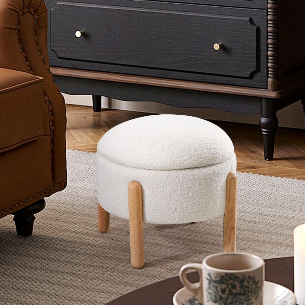 Off-White Mini Teddy Fleece Storage Ottoman with Wooden Legs