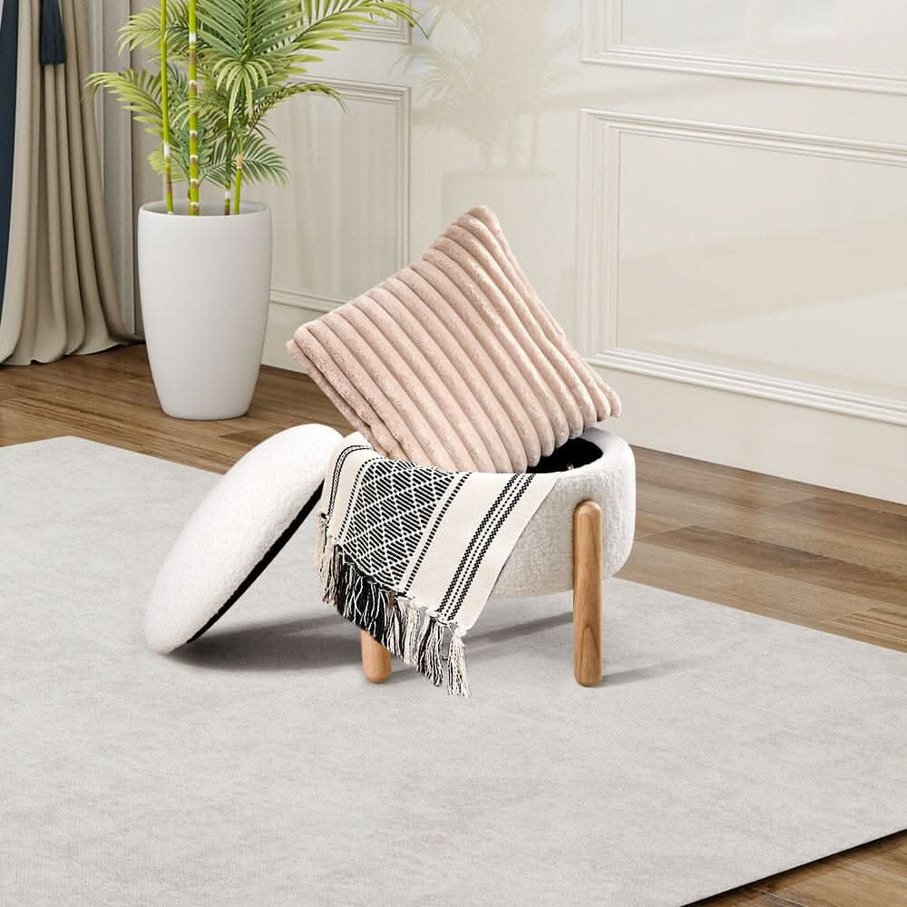 Off-White Mini Teddy Fleece Storage Ottoman with Wooden Legs