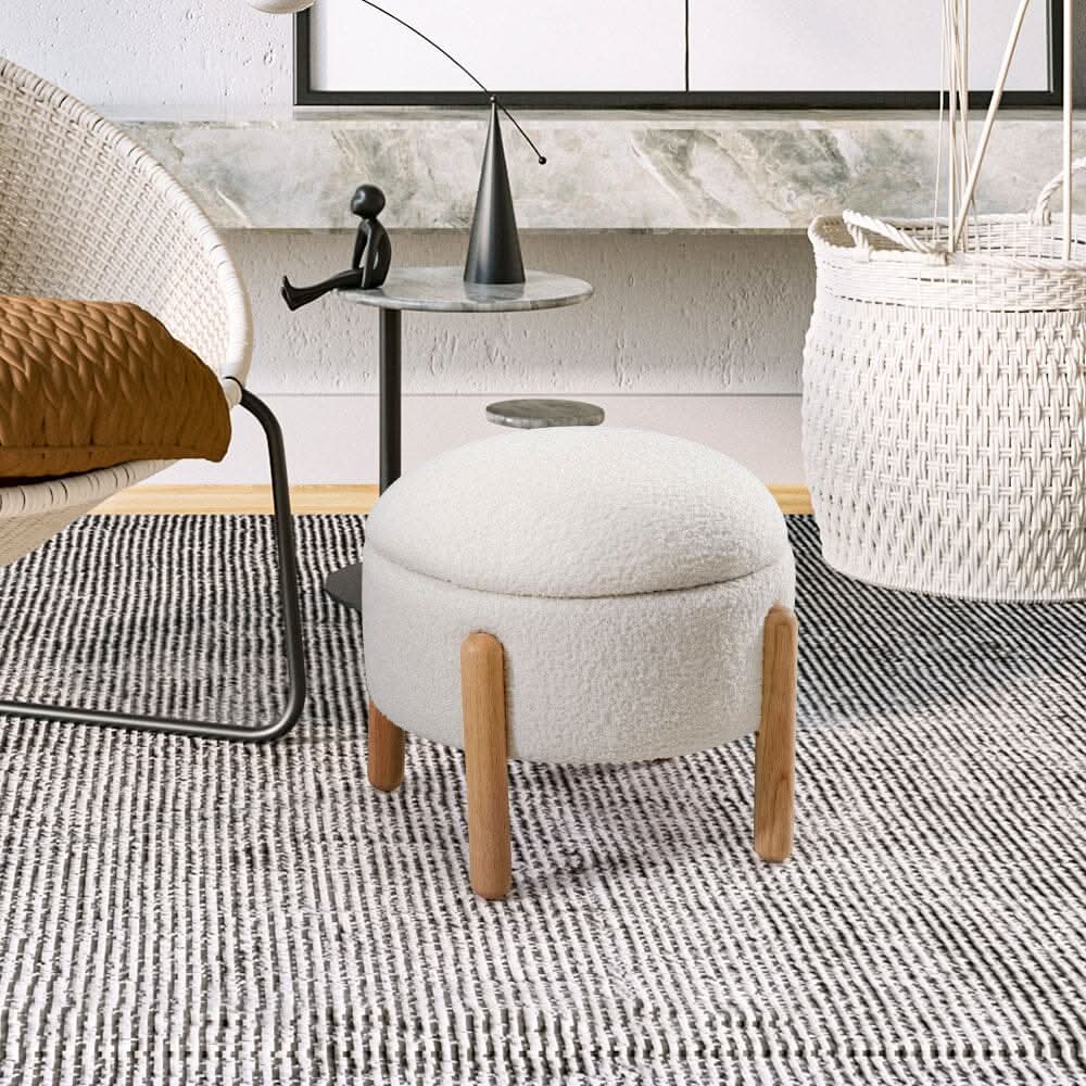 Off-White Mini Teddy Fleece Storage Ottoman with Wooden Legs