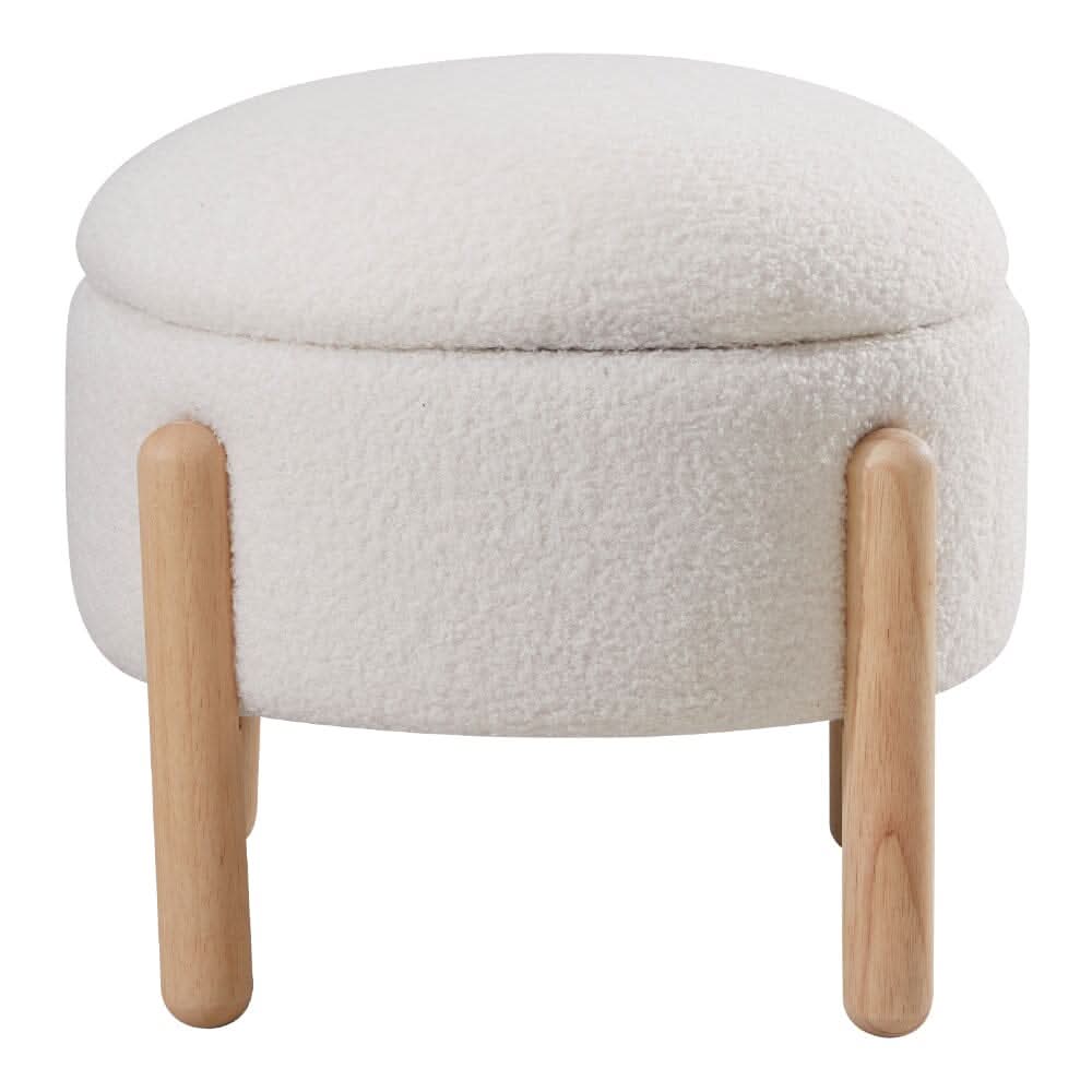 Off-White Mini Teddy Fleece Storage Ottoman with Wooden Legs
