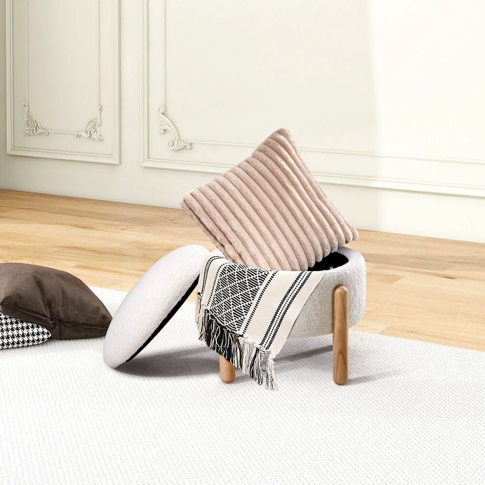 Off-White Mini Teddy Fleece Storage Ottoman with Wooden Legs