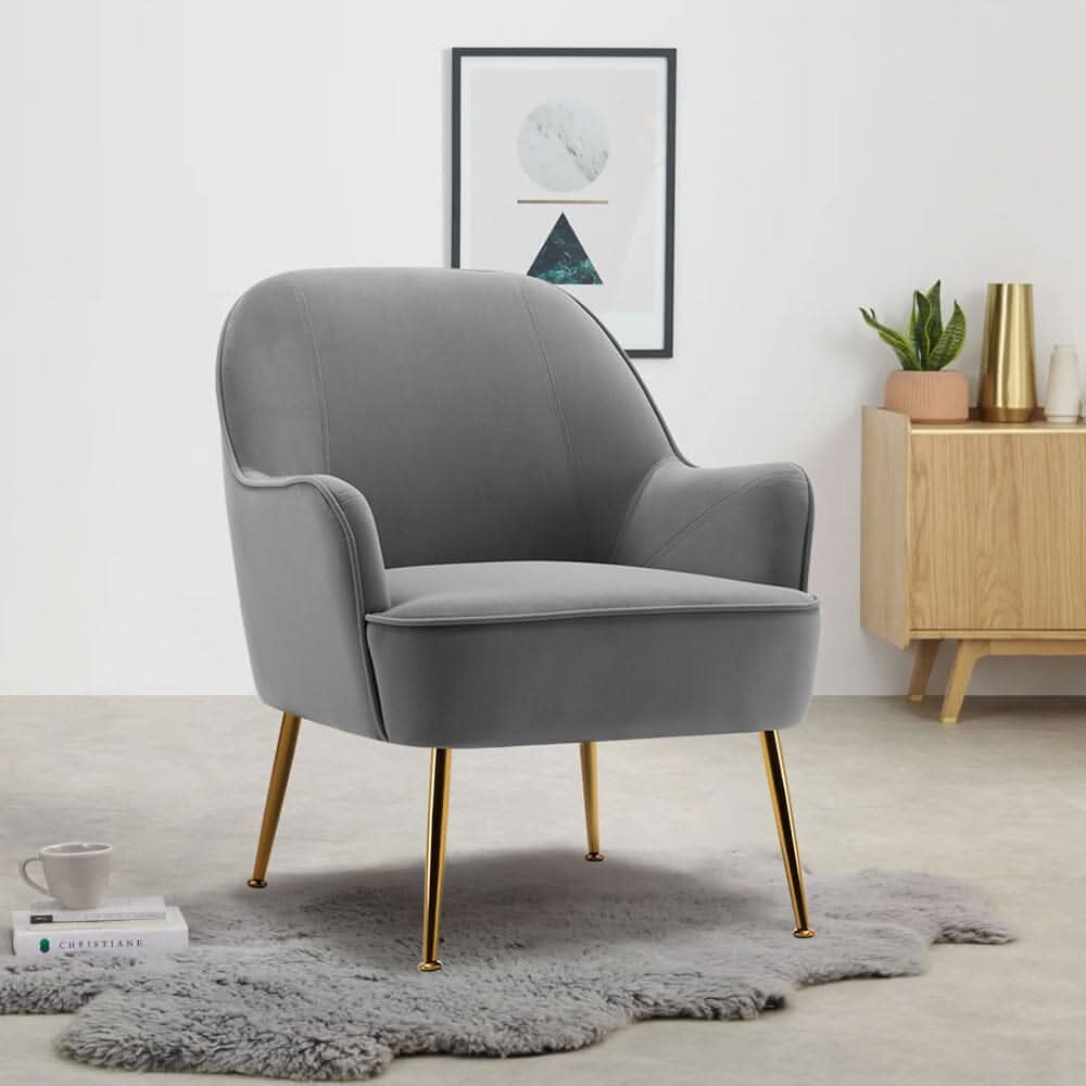 Glam Accent Chair Grey Velvet with Gold Plated Legs