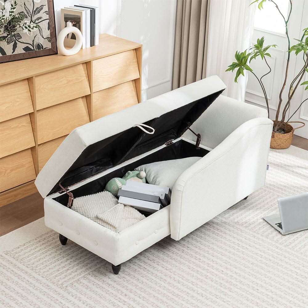 Storage Chaise Lounge White Chenille with Cushion Black Rubber Wood Legs