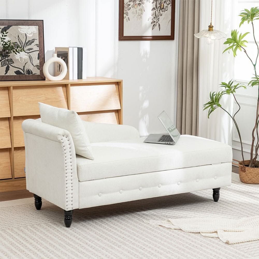 Storage Chaise Lounge White Chenille with Cushion Black Rubber Wood Legs