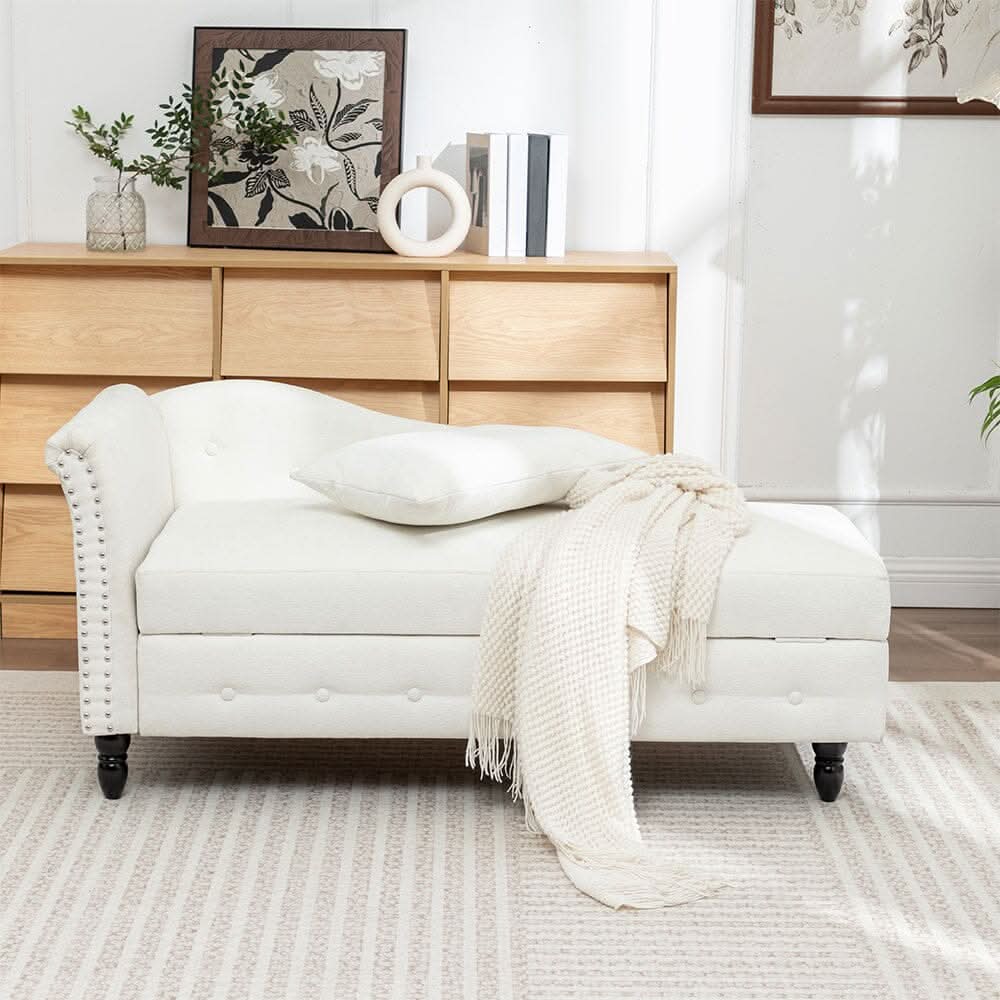 Storage Chaise Lounge White Chenille with Cushion Black Rubber Wood Legs