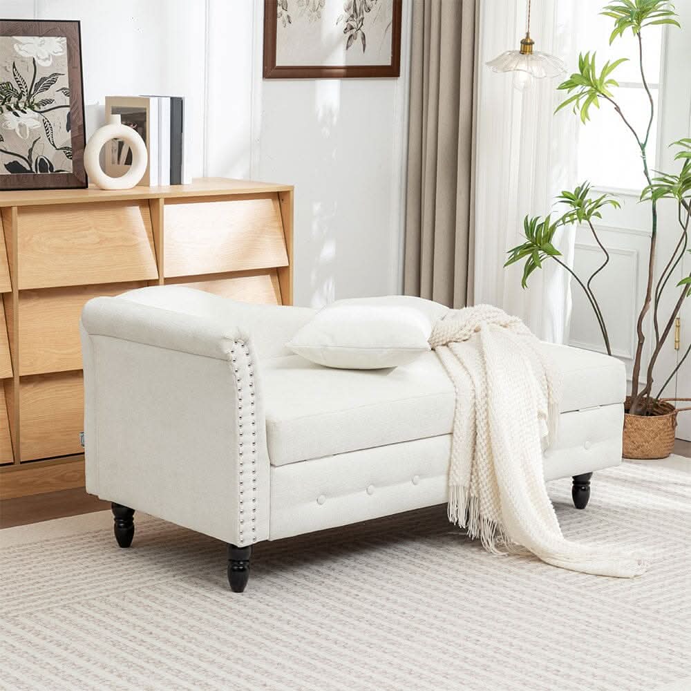 Storage Chaise Lounge White Chenille with Cushion Black Rubber Wood Legs