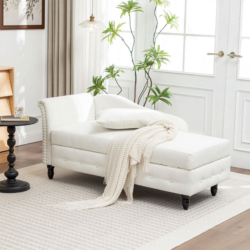 Storage Chaise Lounge White Chenille with Cushion Black Rubber Wood Legs