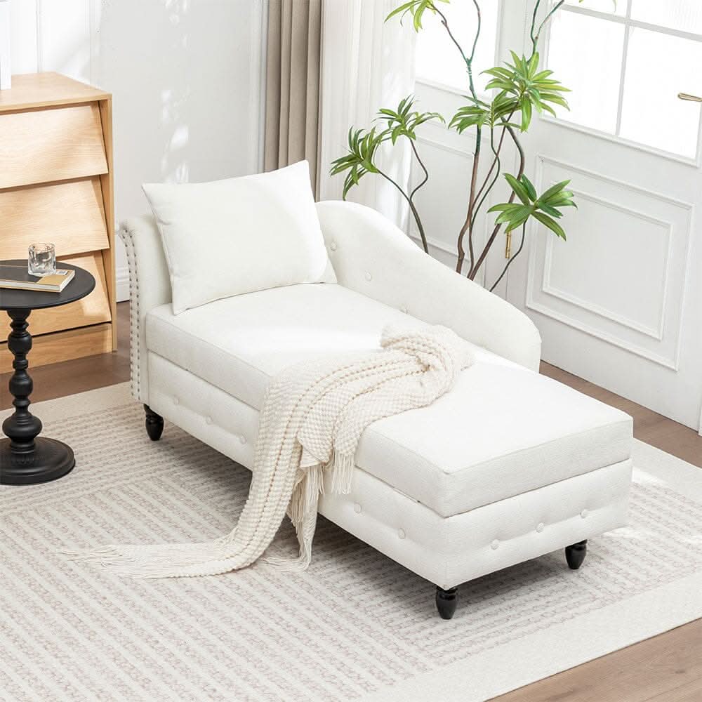 Storage Chaise Lounge White Chenille with Cushion Black Rubber Wood Legs