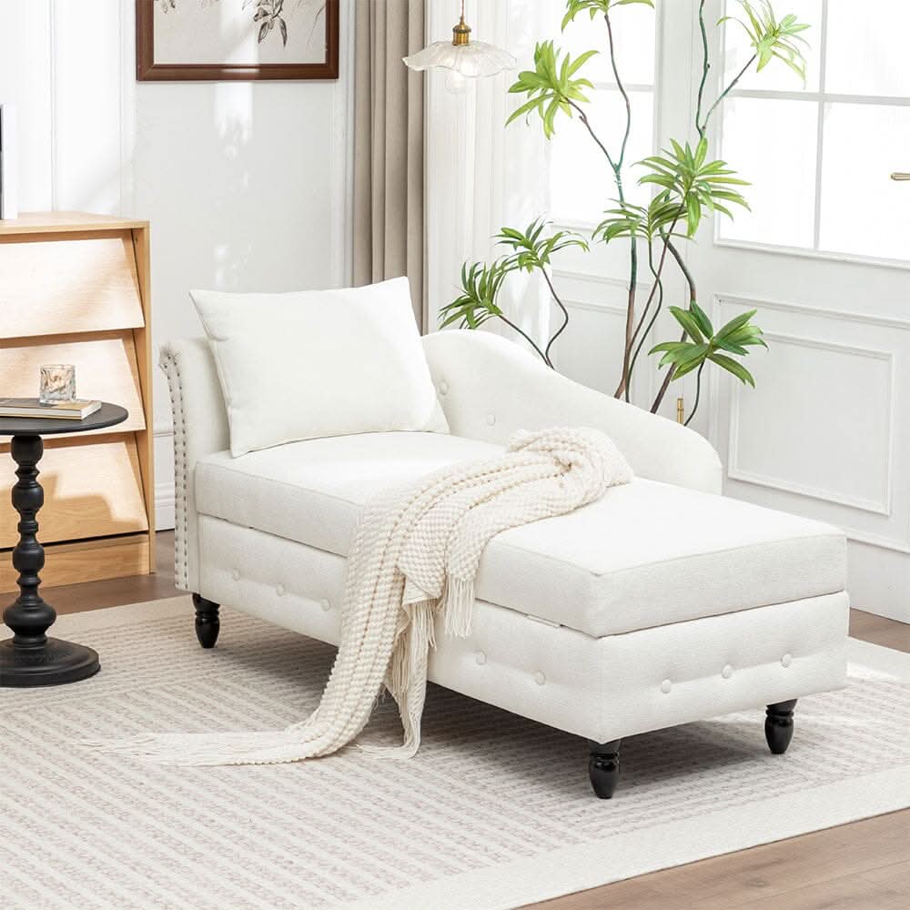 Storage Chaise Lounge White Chenille with Cushion Black Rubber Wood Legs