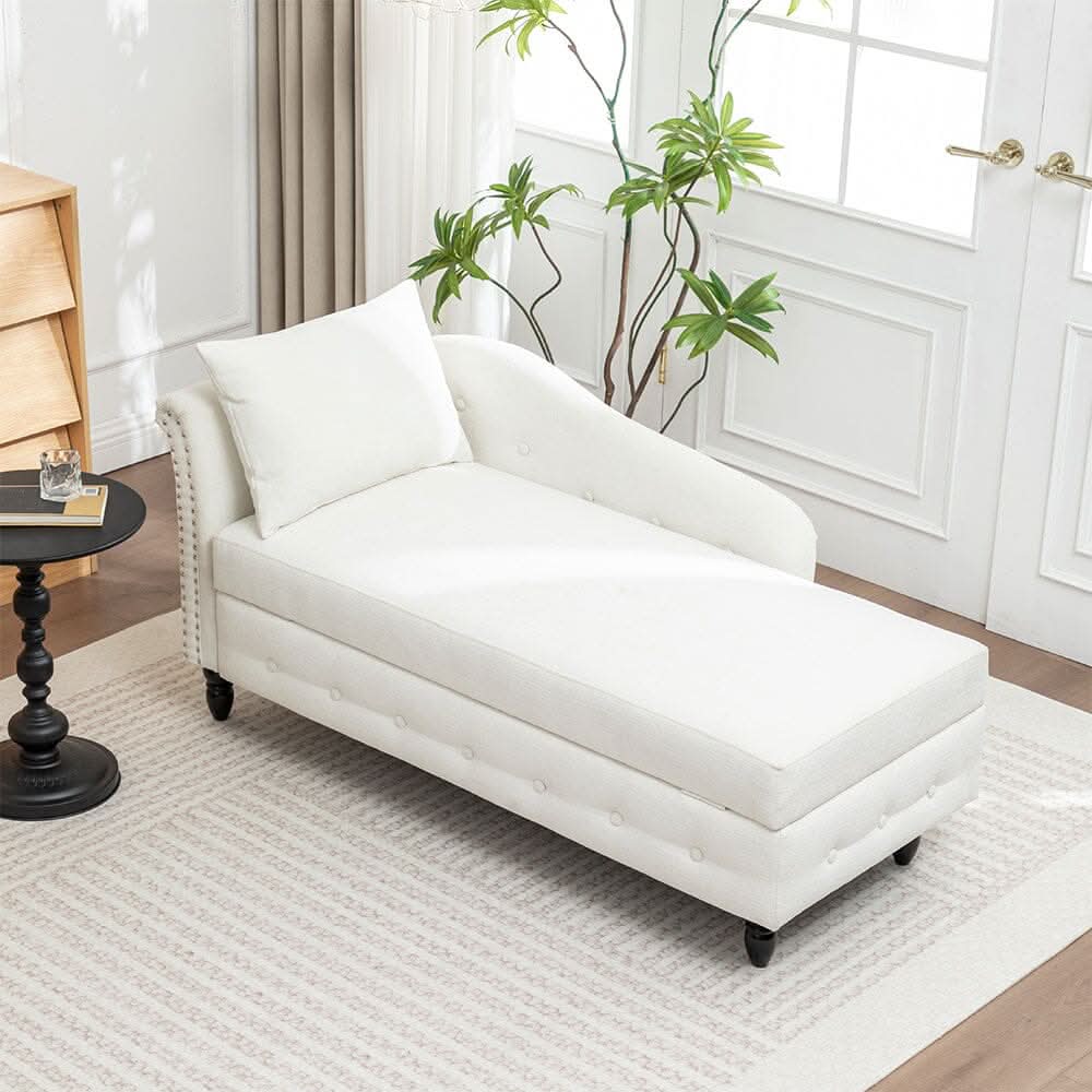 Storage Chaise Lounge White Chenille with Cushion Black Rubber Wood Legs